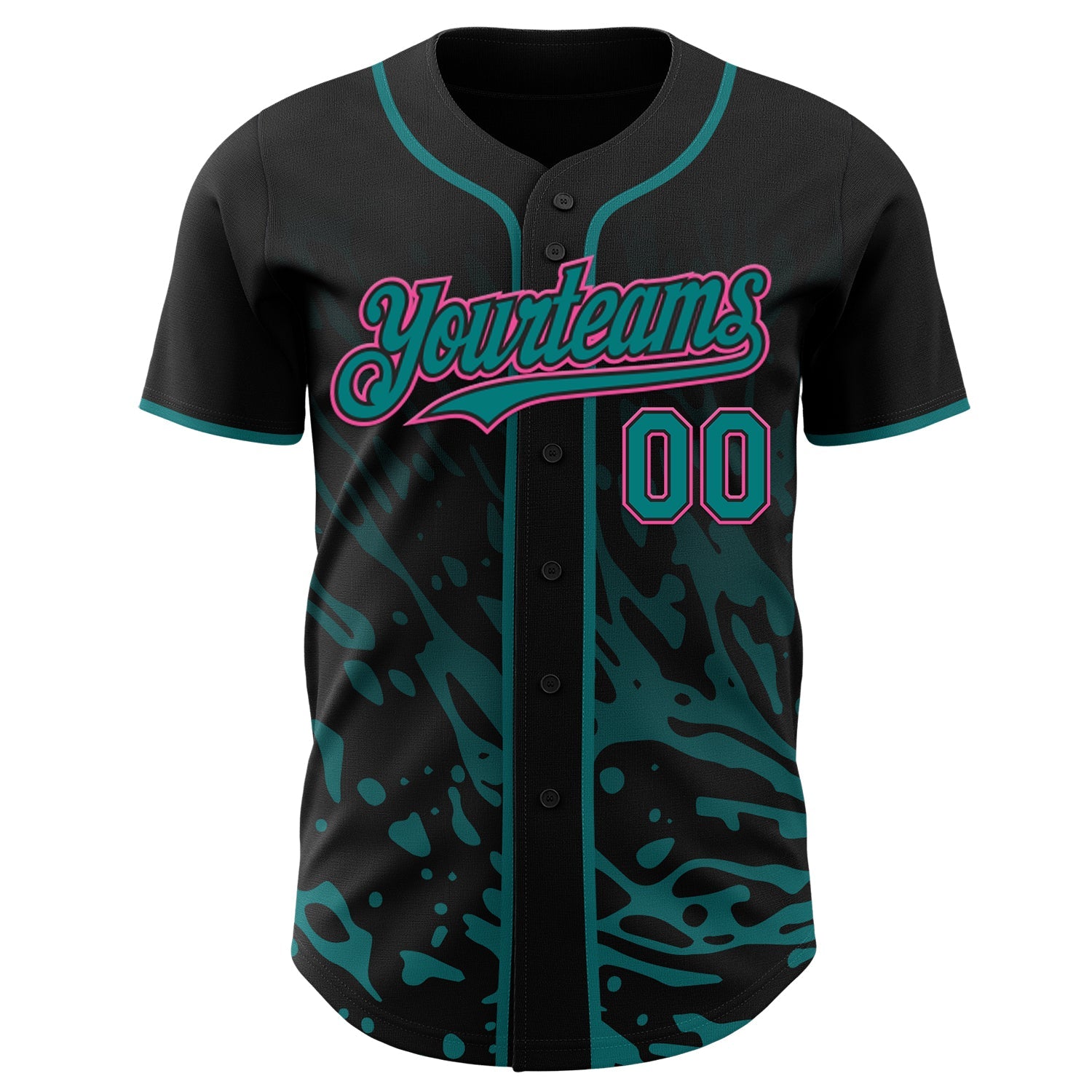 Custom Black Teal-Pink Fluid Liquid Wave Splatter Authentic Baseball Jersey view 2