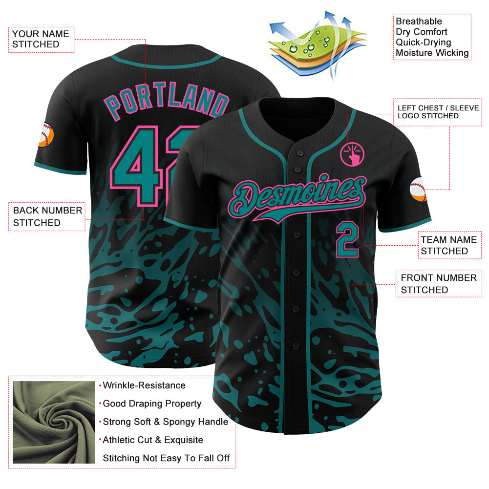 Custom Black Teal-Pink Fluid Liquid Wave Splatter Authentic Baseball Jersey view 3