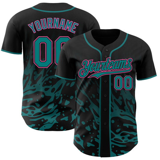 Custom Black Teal-Pink Fluid Liquid Wave Splatter Authentic Baseball Jersey - Main View