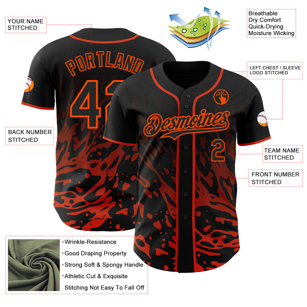 Custom Black-Orange Fluid Liquid Wave Splatter Authentic Baseball Jersey view 3