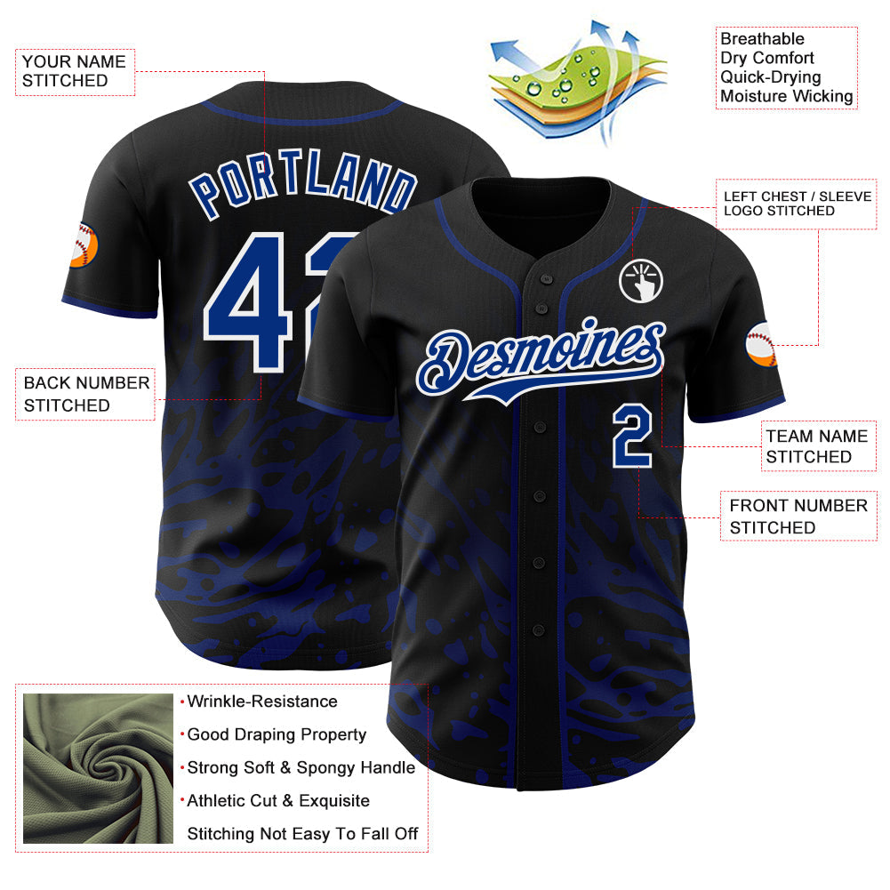 Custom Black Royal-White Fluid Liquid Wave Splatter Authentic Baseball Jersey view 3