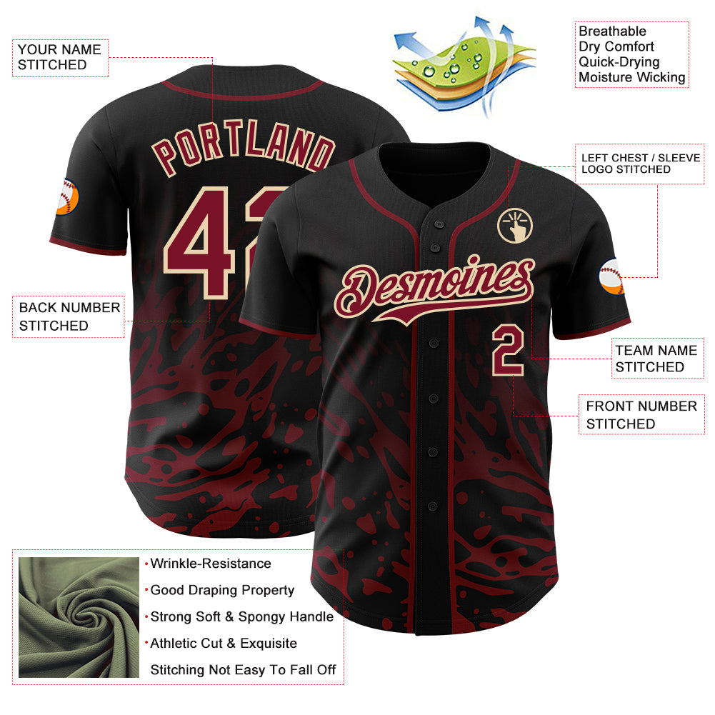 Custom Black Crimson-City Cream Fluid Liquid Wave Splatter Authentic Baseball Jersey view 3