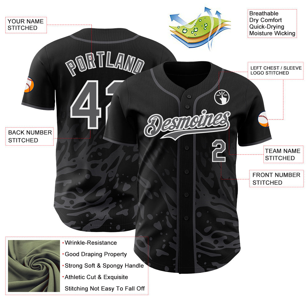 Custom Black Steel Gray-White Fluid Liquid Wave Splatter Authentic Baseball Jersey view 3