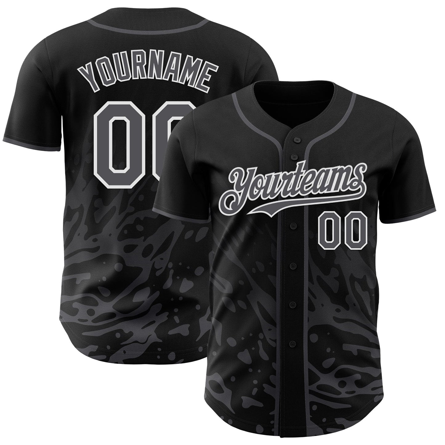 Custom Black Steel Gray-White Fluid Liquid Wave Splatter Authentic Baseball Jersey - Main View