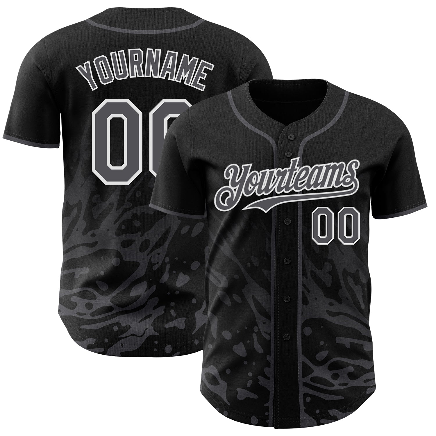 Custom Black Steel Gray-White Fluid Liquid Wave Splatter Authentic Baseball Jersey - Main View