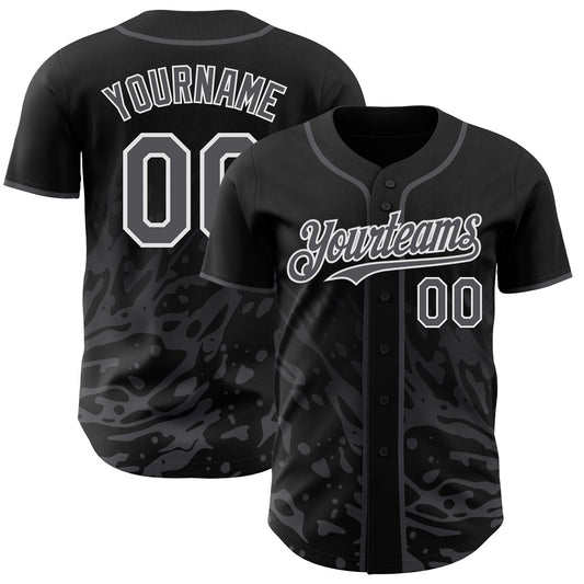 Custom Black Steel Gray-White Fluid Liquid Wave Splatter Authentic Baseball Jersey - Main View
