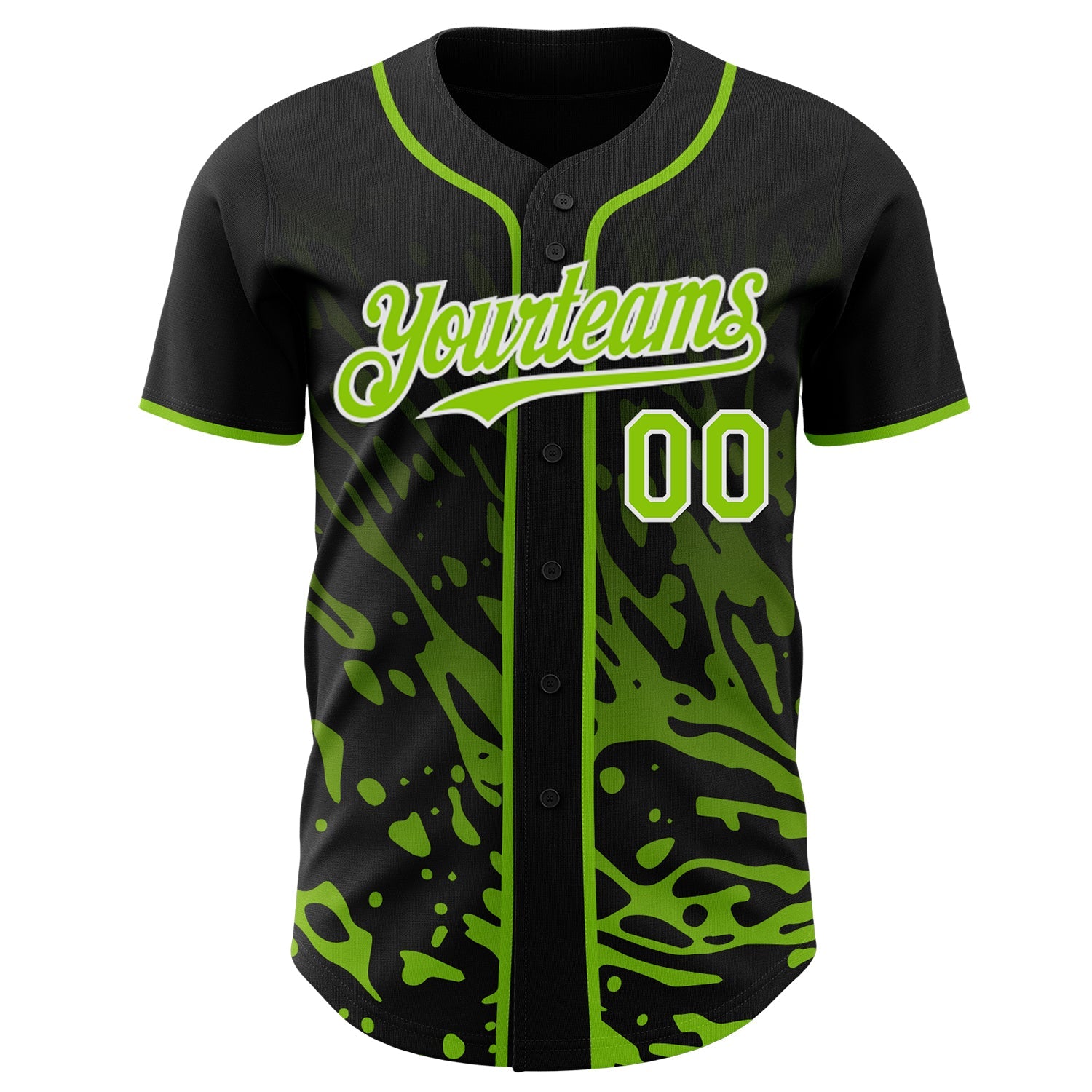 Custom Black Neon Green-White Fluid Liquid Wave Splatter Authentic Baseball Jersey view 2