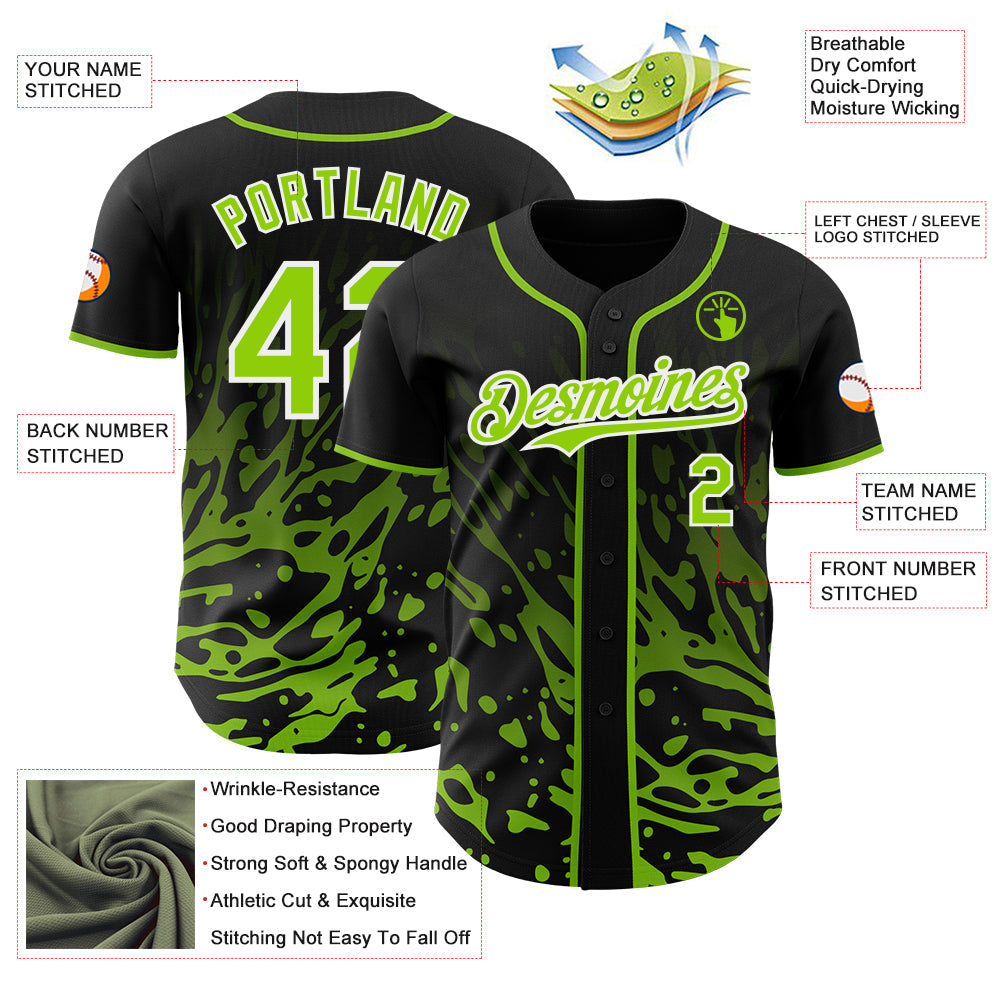 Custom Black Neon Green-White Fluid Liquid Wave Splatter Authentic Baseball Jersey view 3