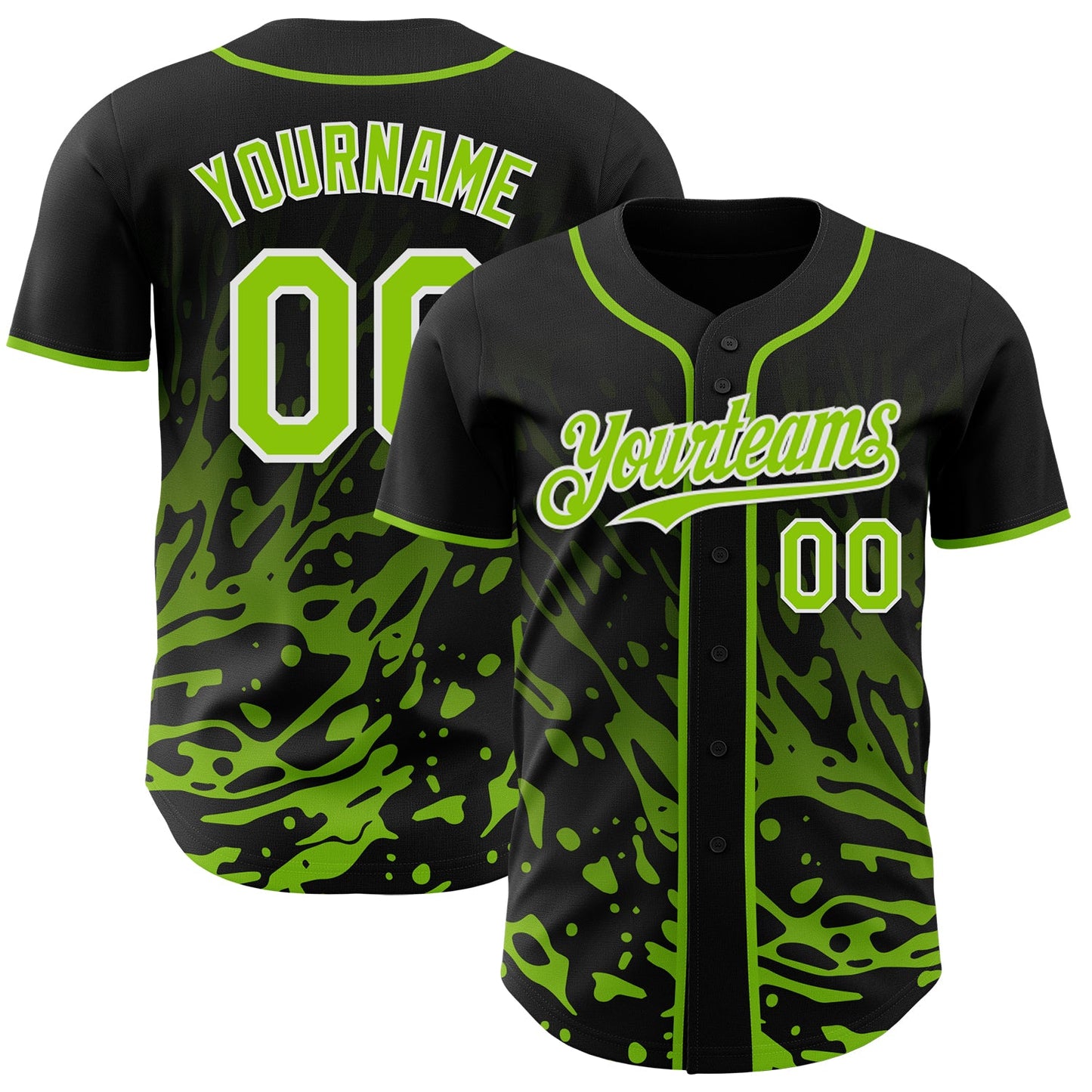 Custom Black Neon Green-White Fluid Liquid Wave Splatter Authentic Baseball Jersey - Main View