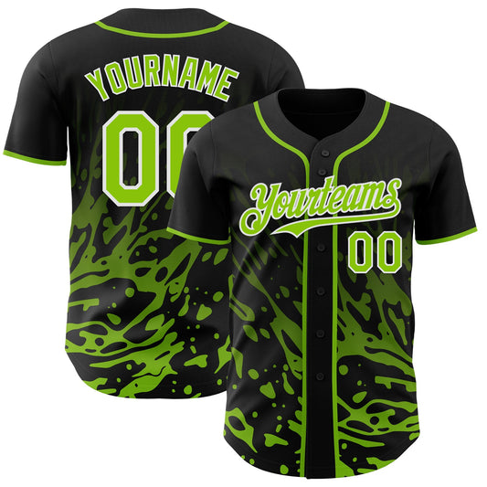 Custom Black Neon Green-White Fluid Liquid Wave Splatter Authentic Baseball Jersey - Main View