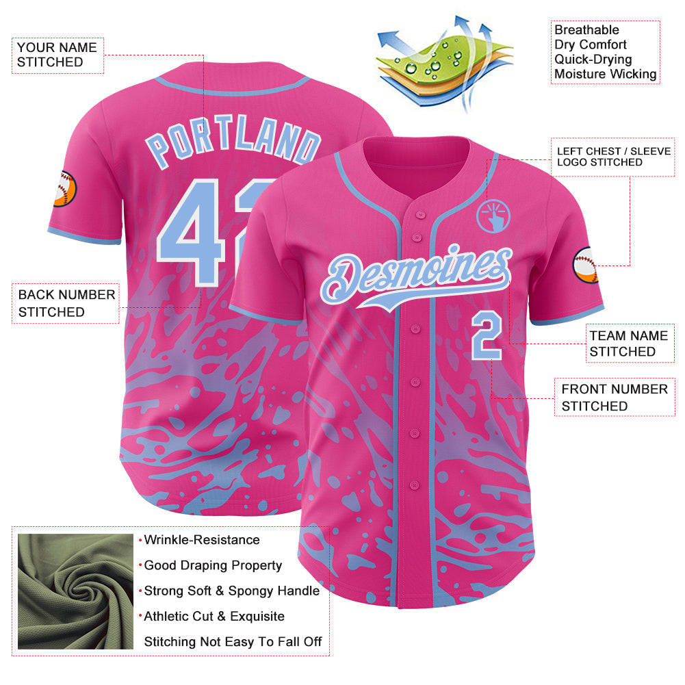 Custom Pink Light Blue-White Fluid Liquid Wave Splatter Authentic Baseball Jersey view 3