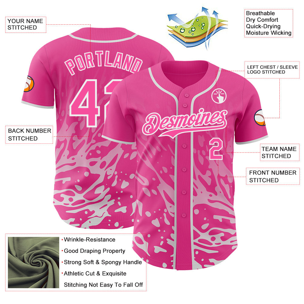 Custom Pink-White Fluid Liquid Wave Splatter Authentic Baseball Jersey view 3