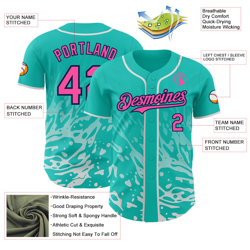 Custom Aqua Pink White-Navy Fluid Liquid Wave Splatter Authentic Baseball Jersey view 3