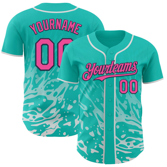 Custom Aqua Pink White-Navy Fluid Liquid Wave Splatter Authentic Baseball Jersey - Main View