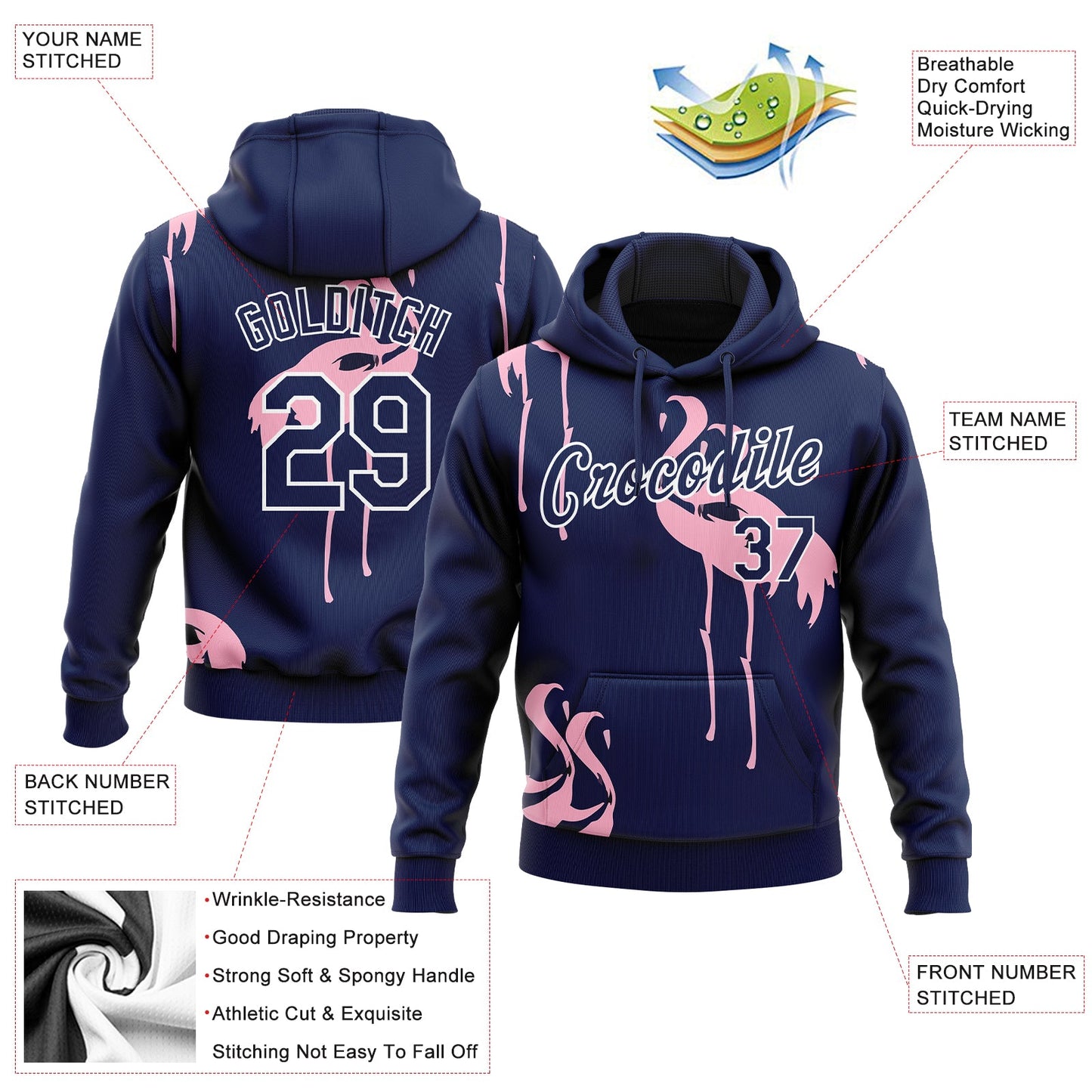 Custom Stitched Navy-White 3D Pattern Design Flamingo Sports Pullover Sweatshirt Hoodie view 2