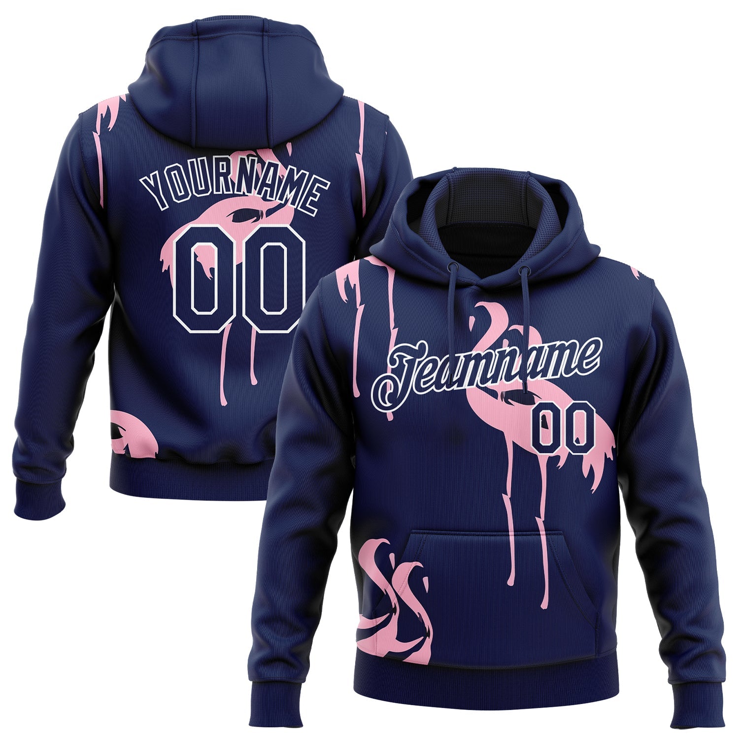 Custom Stitched Navy-White 3D Pattern Design Flamingo Sports Pullover Sweatshirt Hoodie - Main View