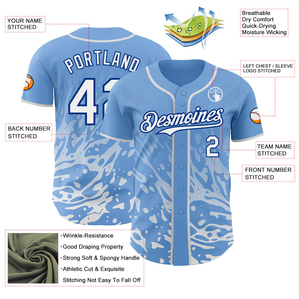 Custom Light Blue White-Royal Fluid Liquid Wave Splatter Authentic Baseball Jersey view 3