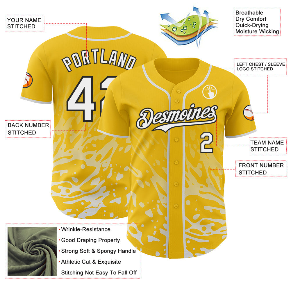 Custom Yellow White-Black Fluid Liquid Wave Splatter Authentic Baseball Jersey view 3
