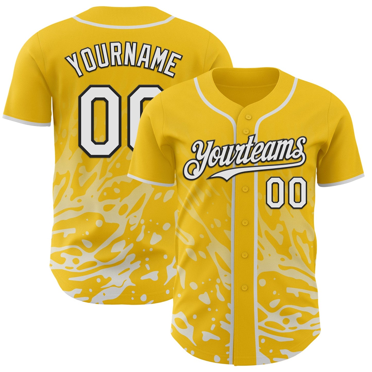 Custom Yellow White-Black Fluid Liquid Wave Splatter Authentic Baseball Jersey - Main View