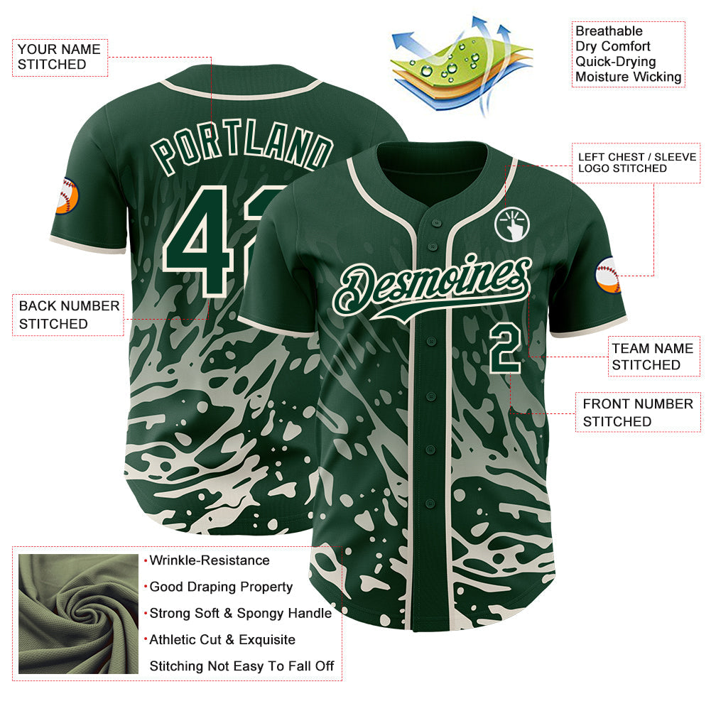 Custom Green-Cream Fluid Liquid Wave Splatter Authentic Baseball Jersey view 3