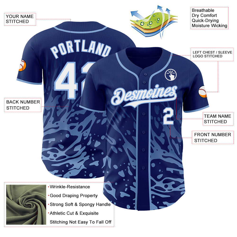 Custom Royal White-Light Blue Fluid Liquid Wave Splatter Authentic Baseball Jersey view 3