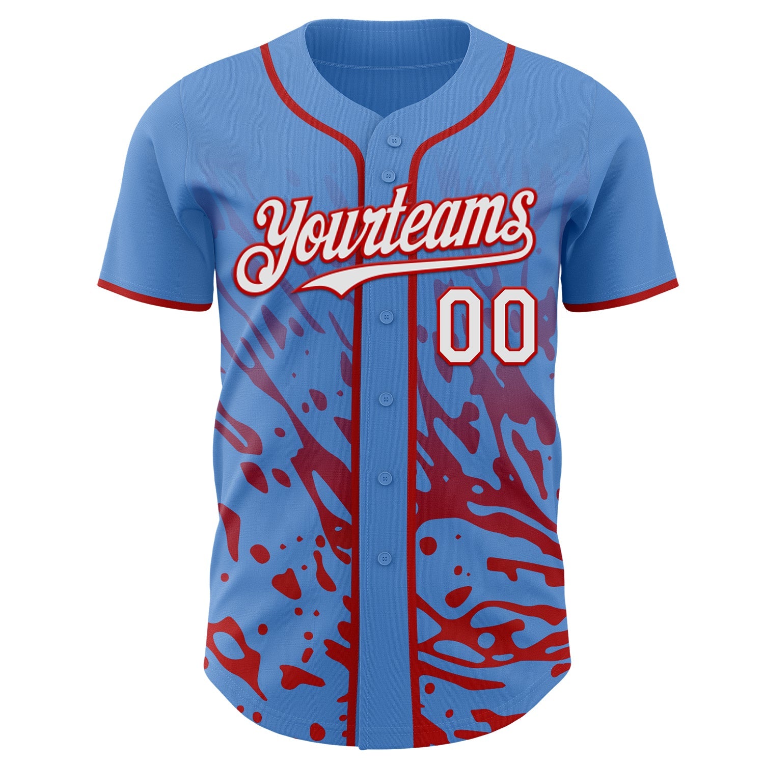 Custom Powder Blue White-Red Fluid Liquid Wave Splatter Authentic Baseball Jersey view 2