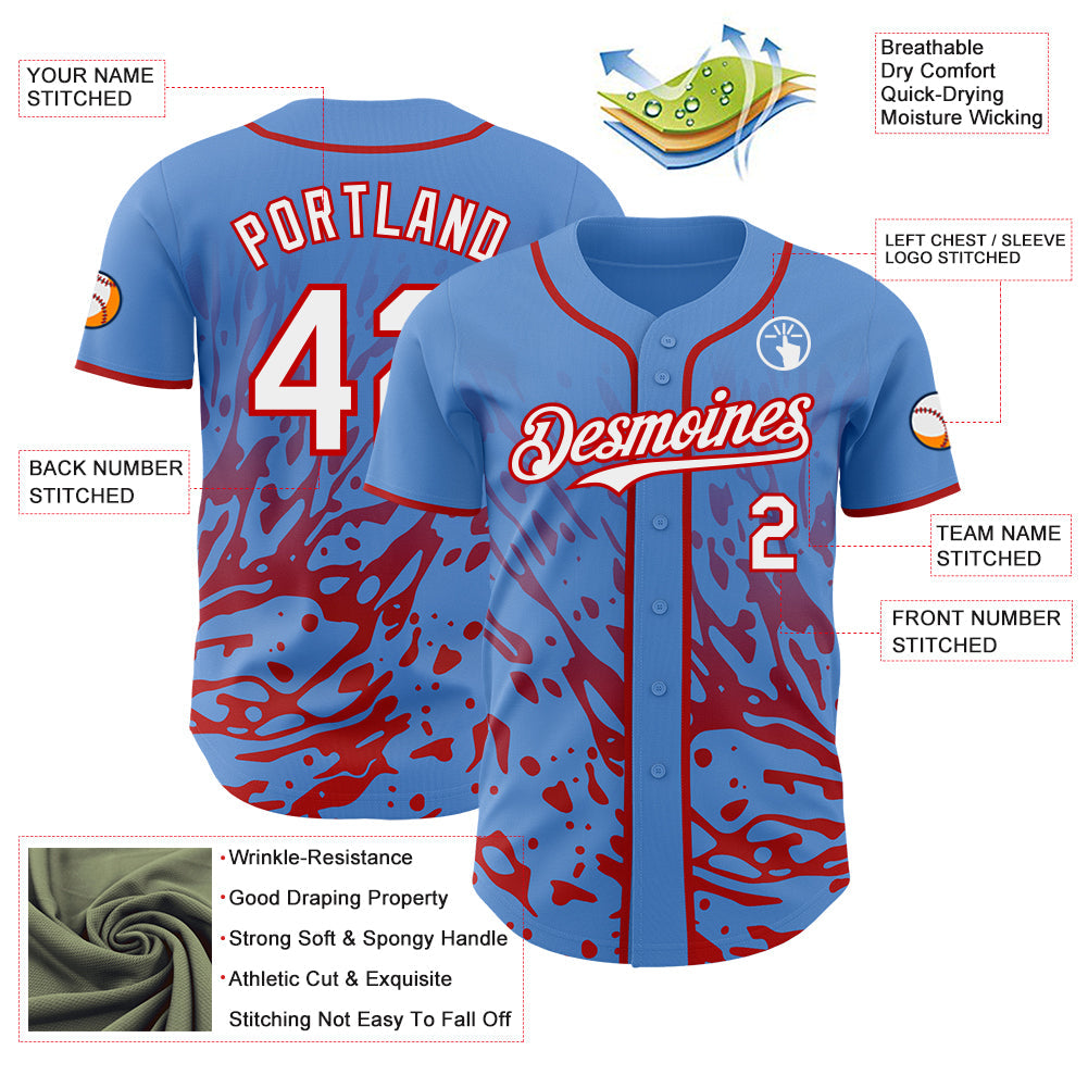 Custom Powder Blue White-Red Fluid Liquid Wave Splatter Authentic Baseball Jersey view 3