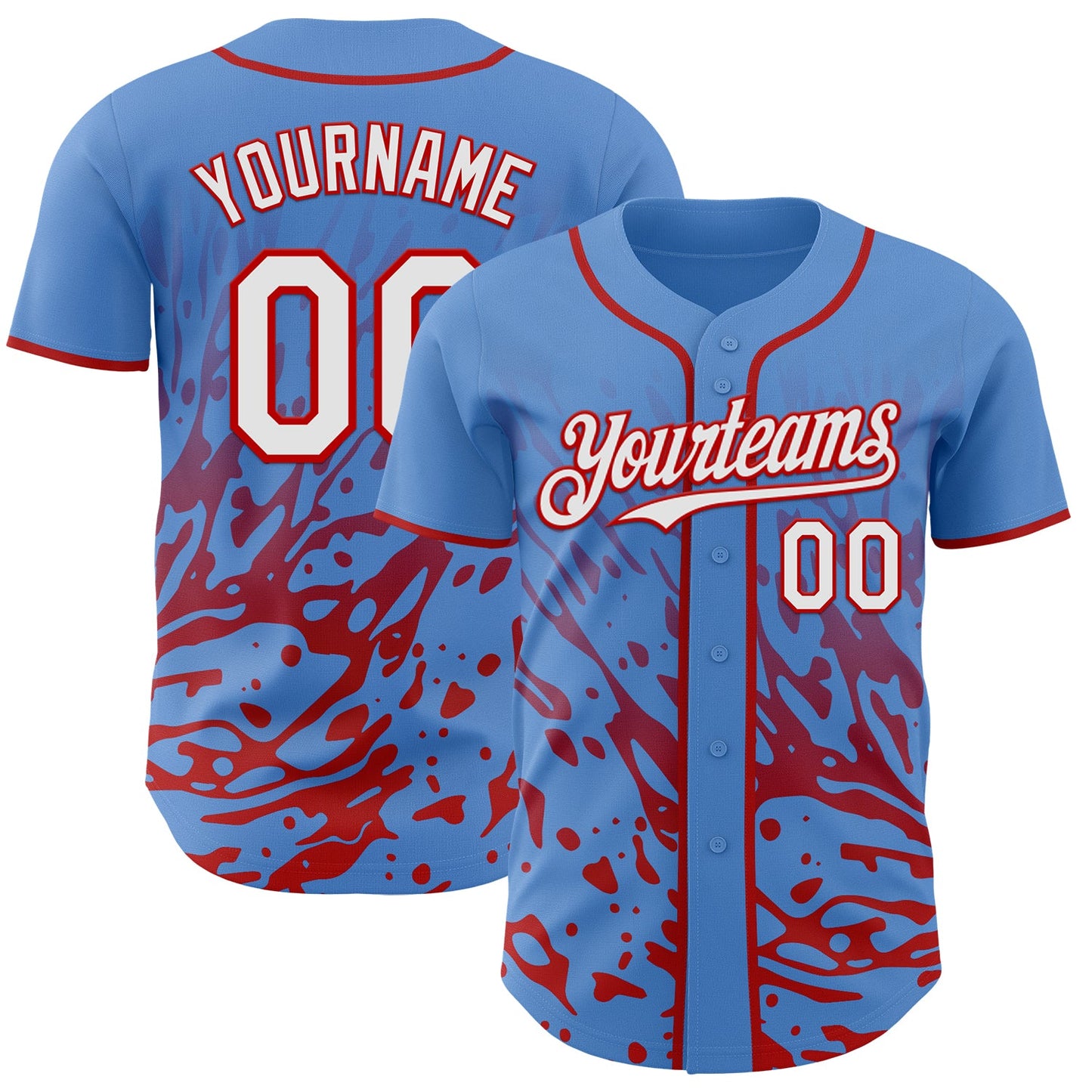 Custom Powder Blue White-Red Fluid Liquid Wave Splatter Authentic Baseball Jersey - Main View