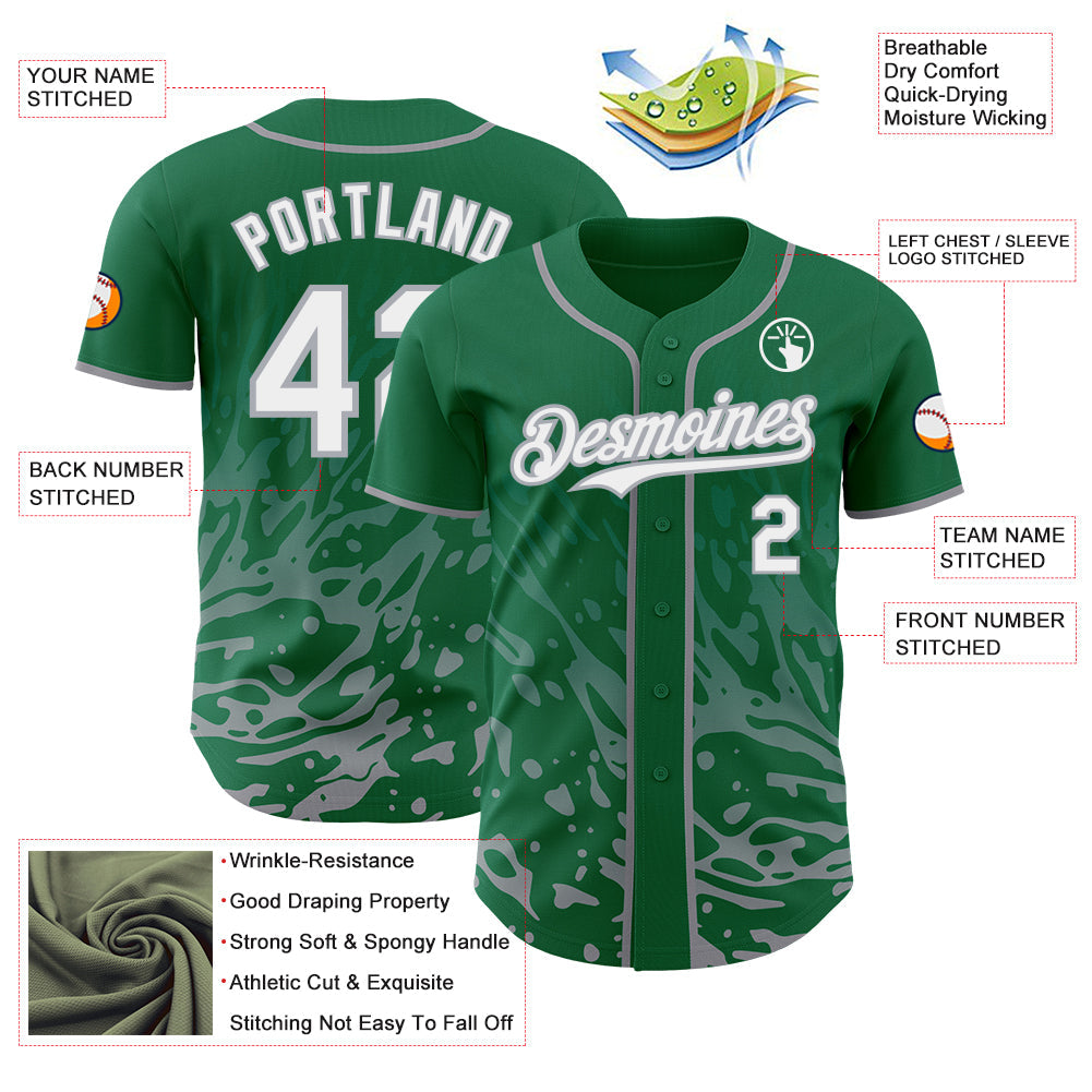Custom Kelly Green White-Gray Fluid Liquid Wave Splatter Authentic Baseball Jersey view 3