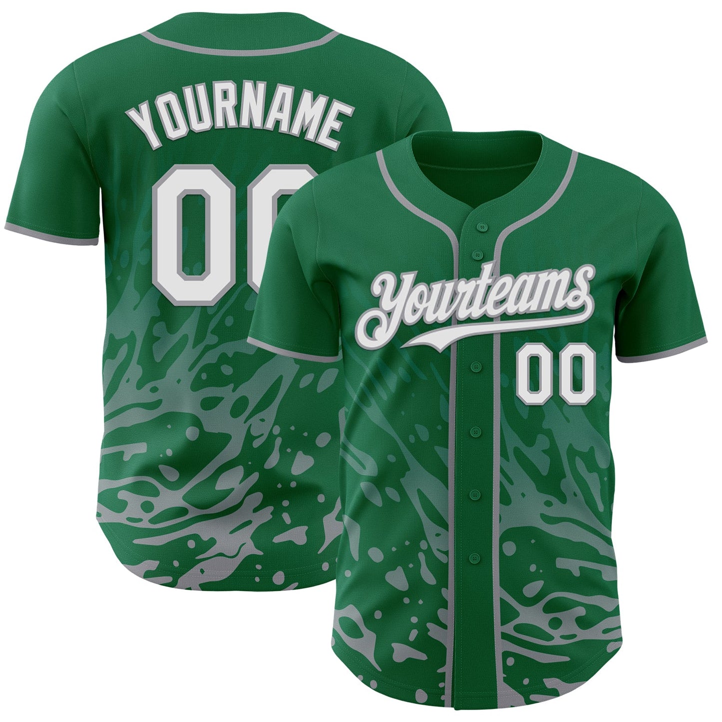 Custom Kelly Green White-Gray Fluid Liquid Wave Splatter Authentic Baseball Jersey - Main View