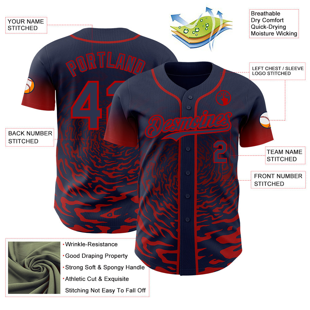 Custom Navy-Red Fluid Wave Splatter Gradient Authentic Baseball Jersey view 3