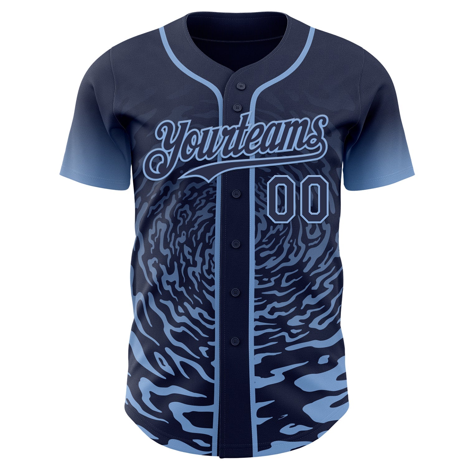 Custom Navy-Light Blue Fluid Wave Splatter Gradient Authentic Baseball Jersey view 2