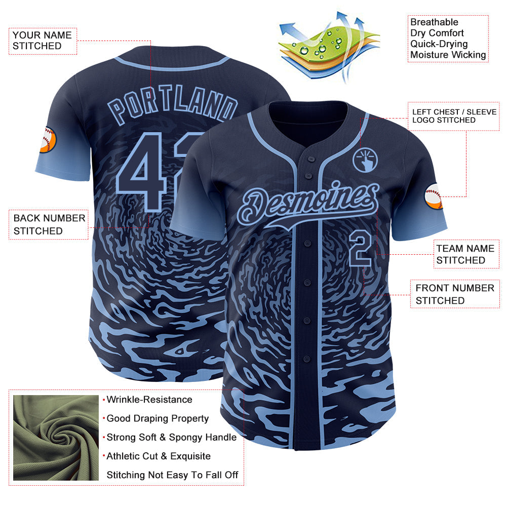 Custom Navy-Light Blue Fluid Wave Splatter Gradient Authentic Baseball Jersey view 3