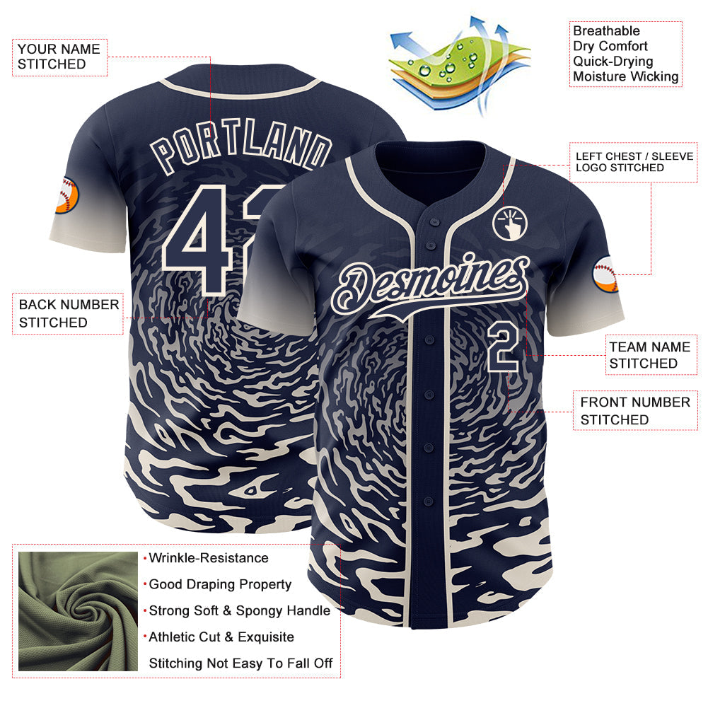 Custom Navy-Cream Fluid Wave Splatter Gradient Authentic Baseball Jersey view 3