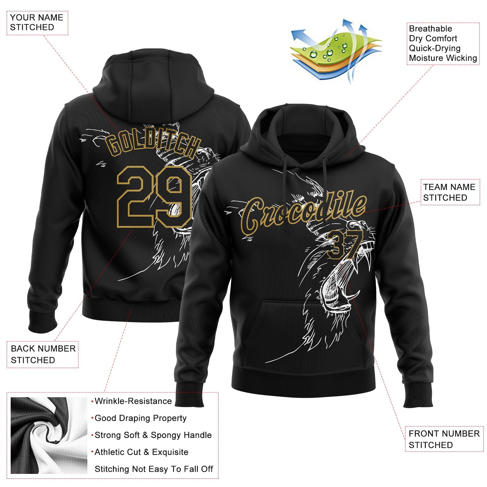 Custom Stitched Black-Old Gold 3D Pattern Design Gorilla Sports Pullover Sweatshirt Hoodie view 2