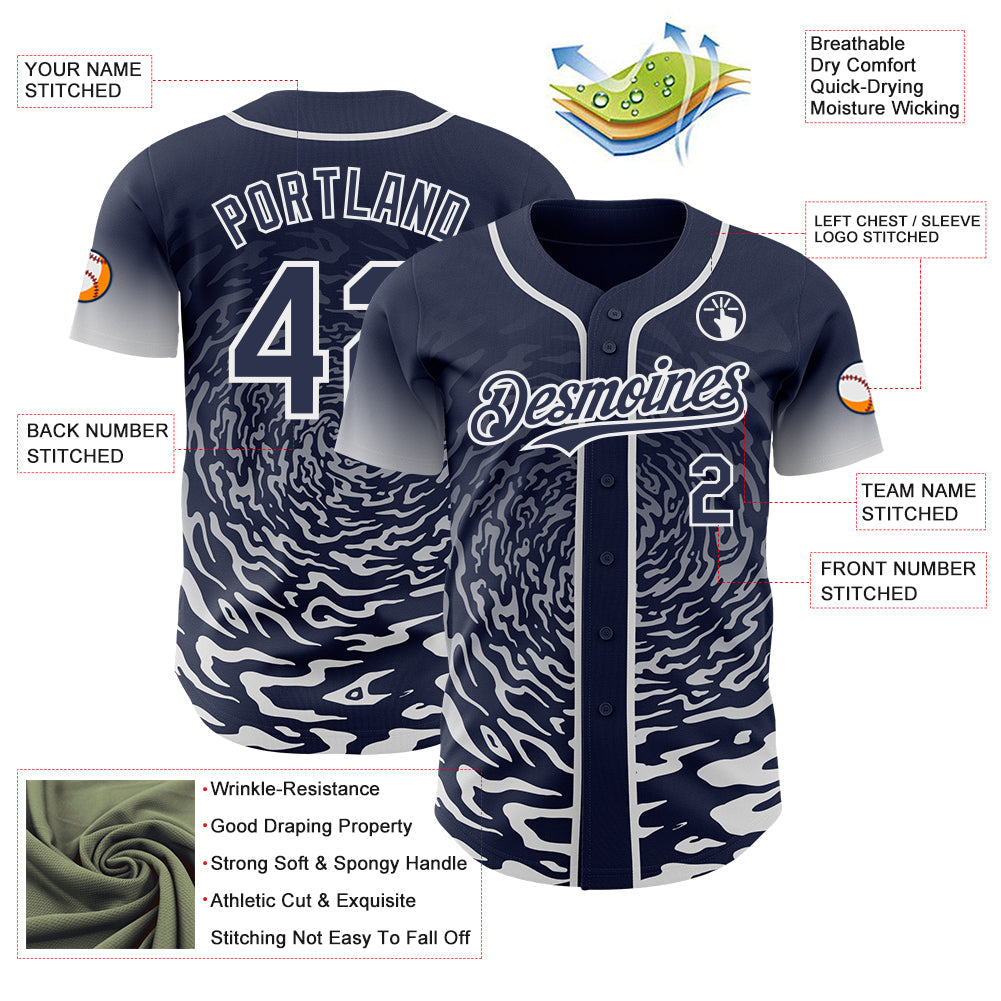 Custom Navy-White Fluid Wave Splatter Gradient Authentic Baseball Jersey view 3