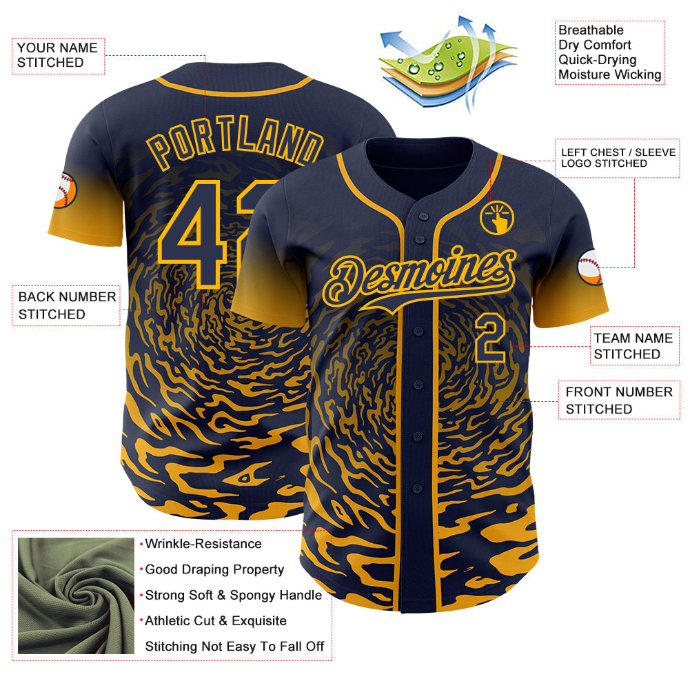 Custom Navy-Gold Fluid Wave Splatter Gradient Authentic Baseball Jersey view 3