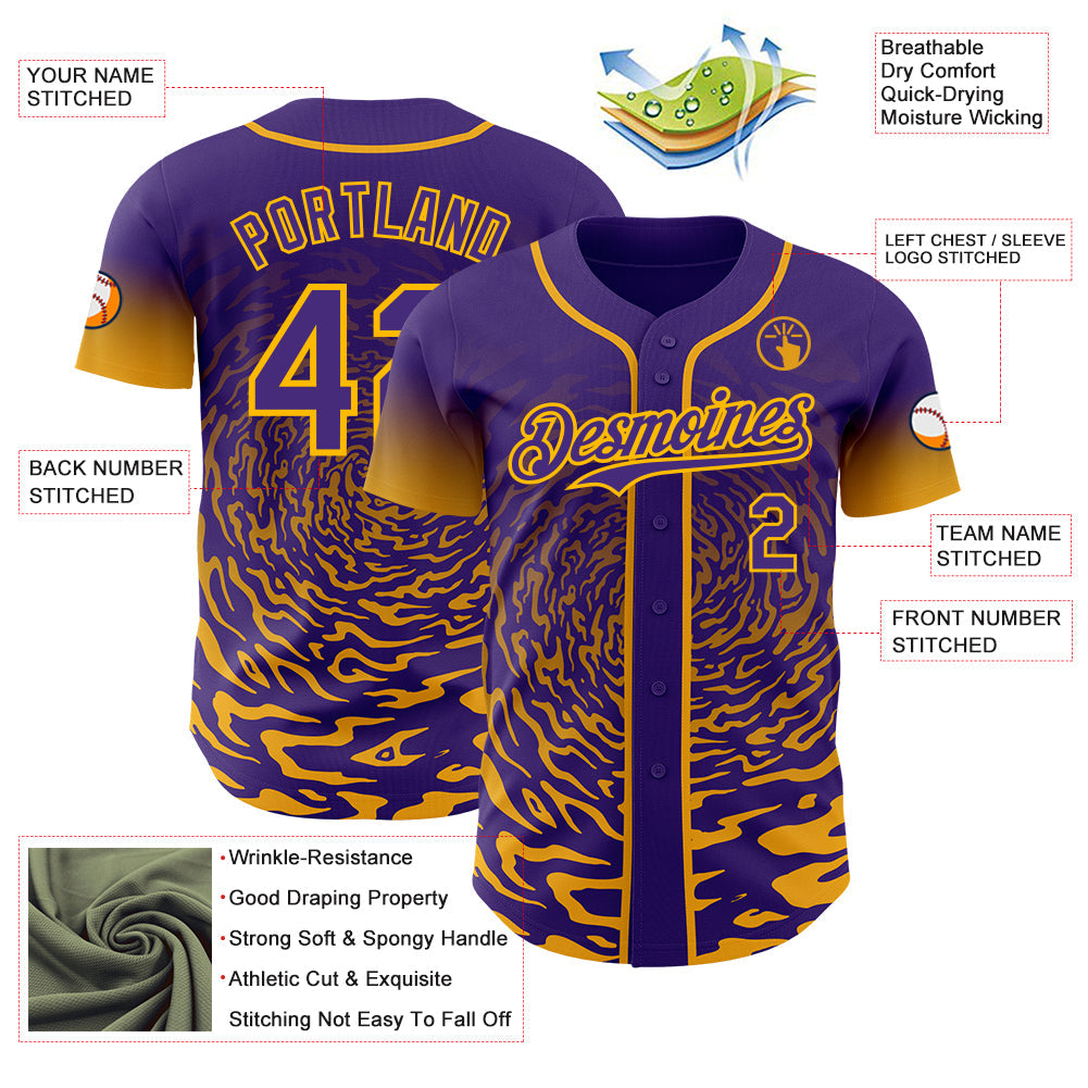 Custom Purple-Gold Fluid Wave Splatter Gradient Authentic Baseball Jersey view 3