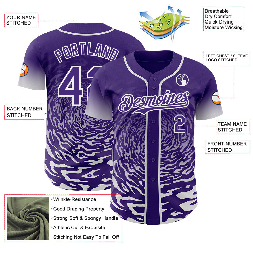Custom Purple-White Fluid Wave Splatter Gradient Authentic Baseball Jersey view 3