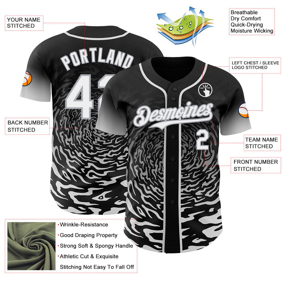 Custom Black White-Gray Fluid Wave Splatter Gradient Authentic Baseball Jersey view 3