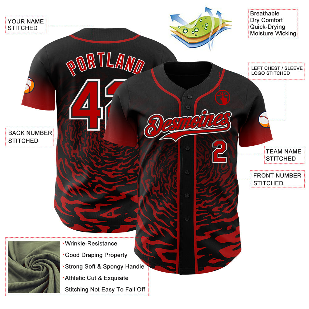 Custom Black Red-White Fluid Wave Splatter Gradient Authentic Baseball Jersey view 3