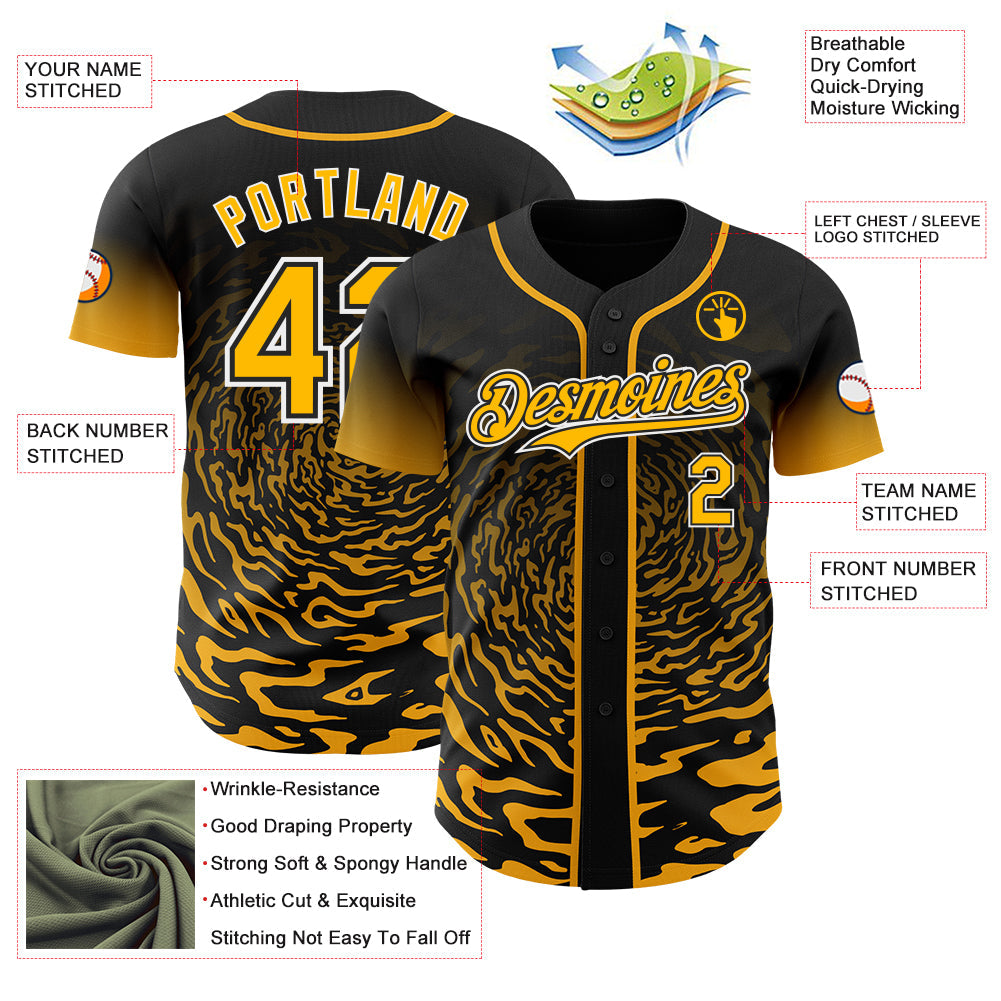 Custom Black Gold-White Fluid Wave Splatter Gradient Authentic Baseball Jersey view 3