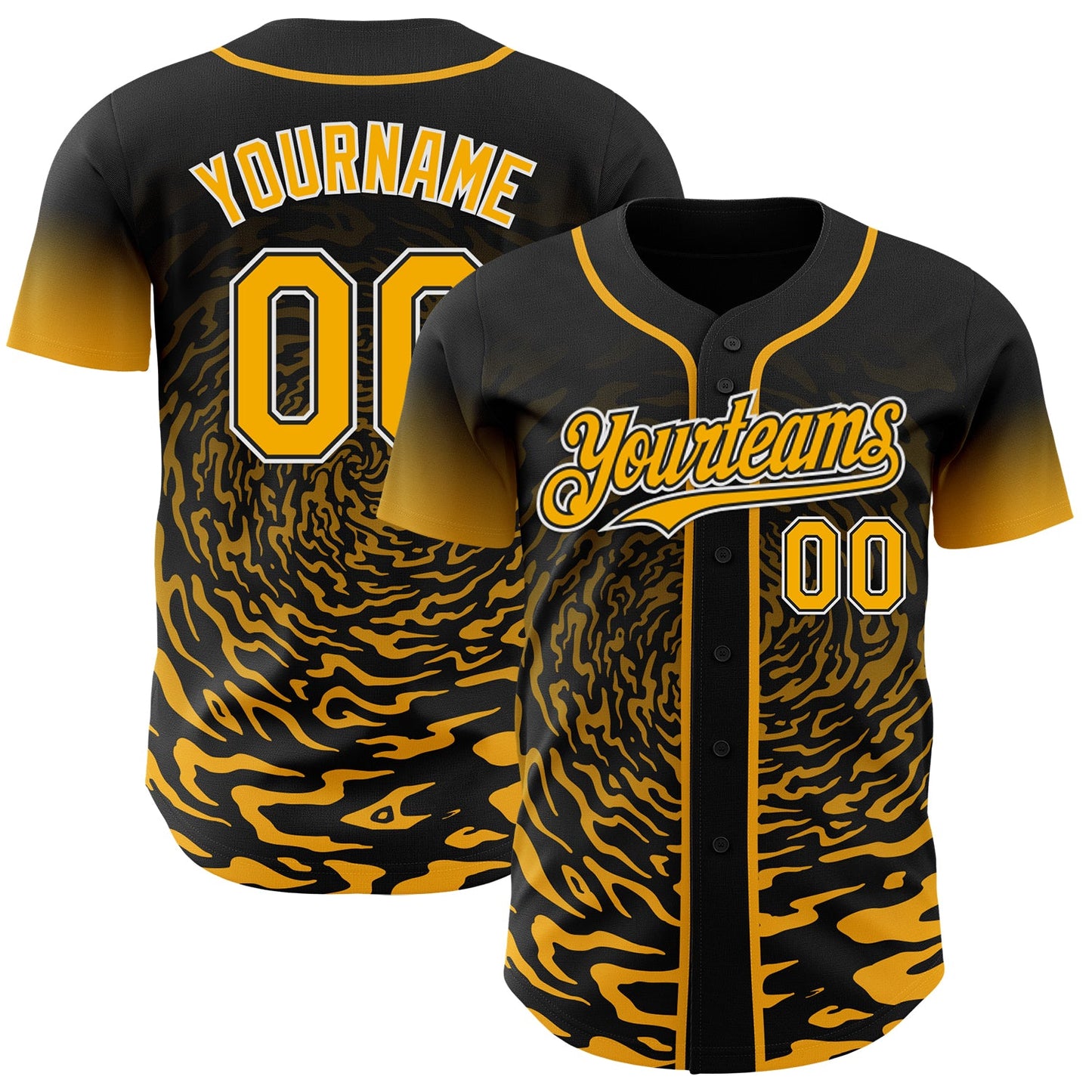 Custom Black Gold-White Fluid Wave Splatter Gradient Authentic Baseball Jersey - Main View