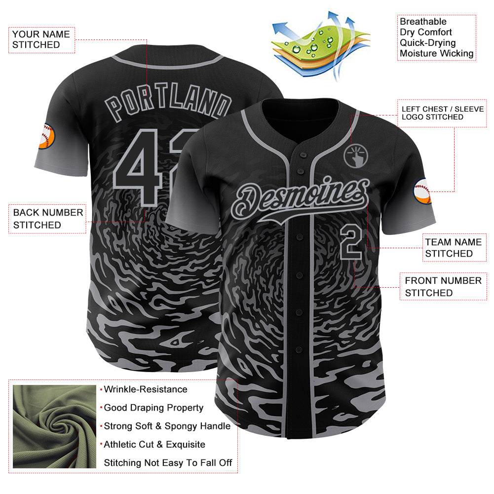 Custom Black-Gray Fluid Wave Splatter Gradient Authentic Baseball Jersey view 3
