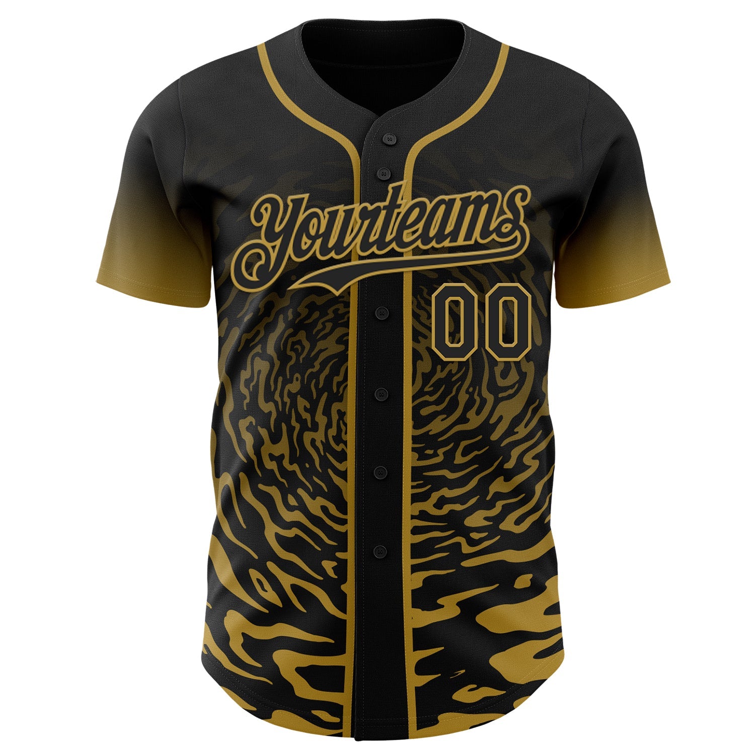 Custom Black-Old Gold Fluid Wave Splatter Gradient Authentic Baseball Jersey view 2
