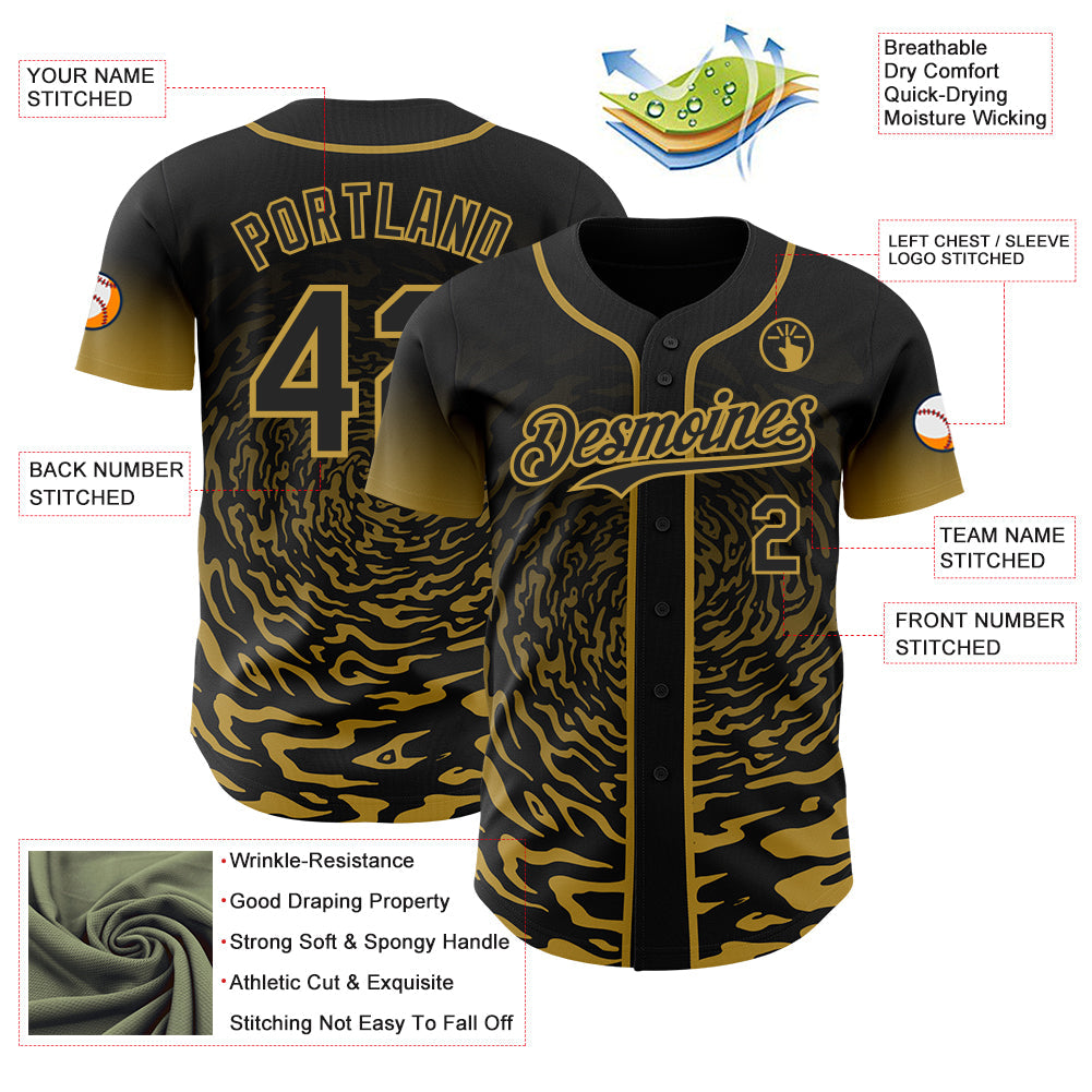 Custom Black-Old Gold Fluid Wave Splatter Gradient Authentic Baseball Jersey view 3