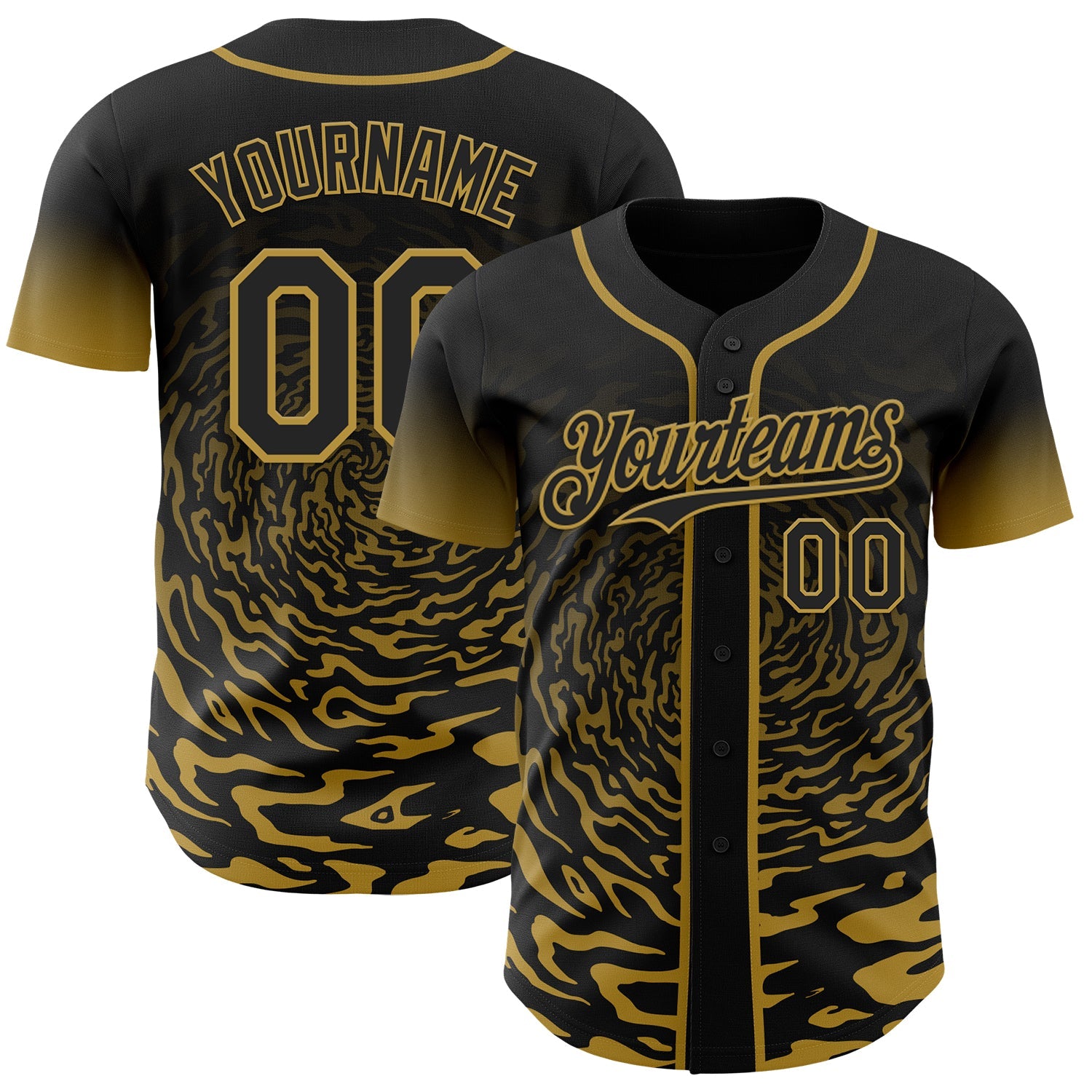 Custom Black-Old Gold Fluid Wave Splatter Gradient Authentic Baseball Jersey - Main View