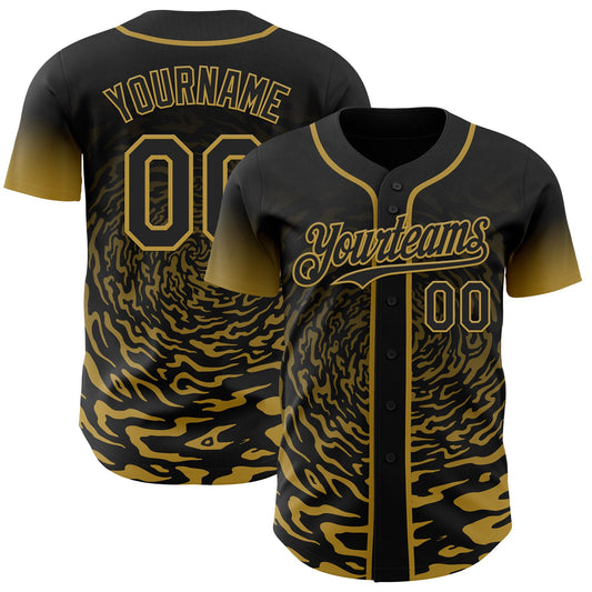 Custom Black-Old Gold Fluid Wave Splatter Gradient Authentic Baseball Jersey - Main View