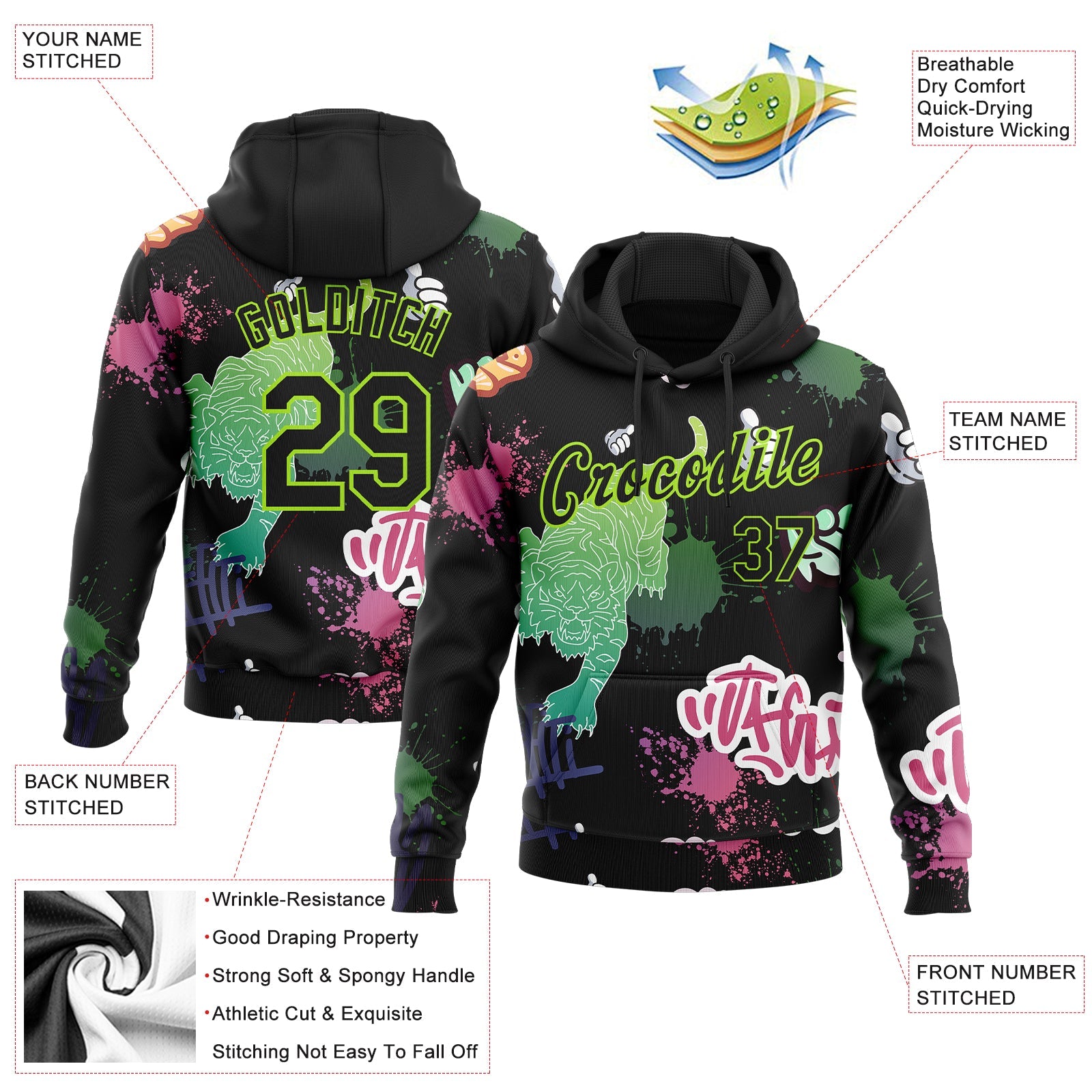Custom Stitched Black Neon Green 3D Pattern Design Tiger Sports Pullover Sweatshirt Hoodie view 2