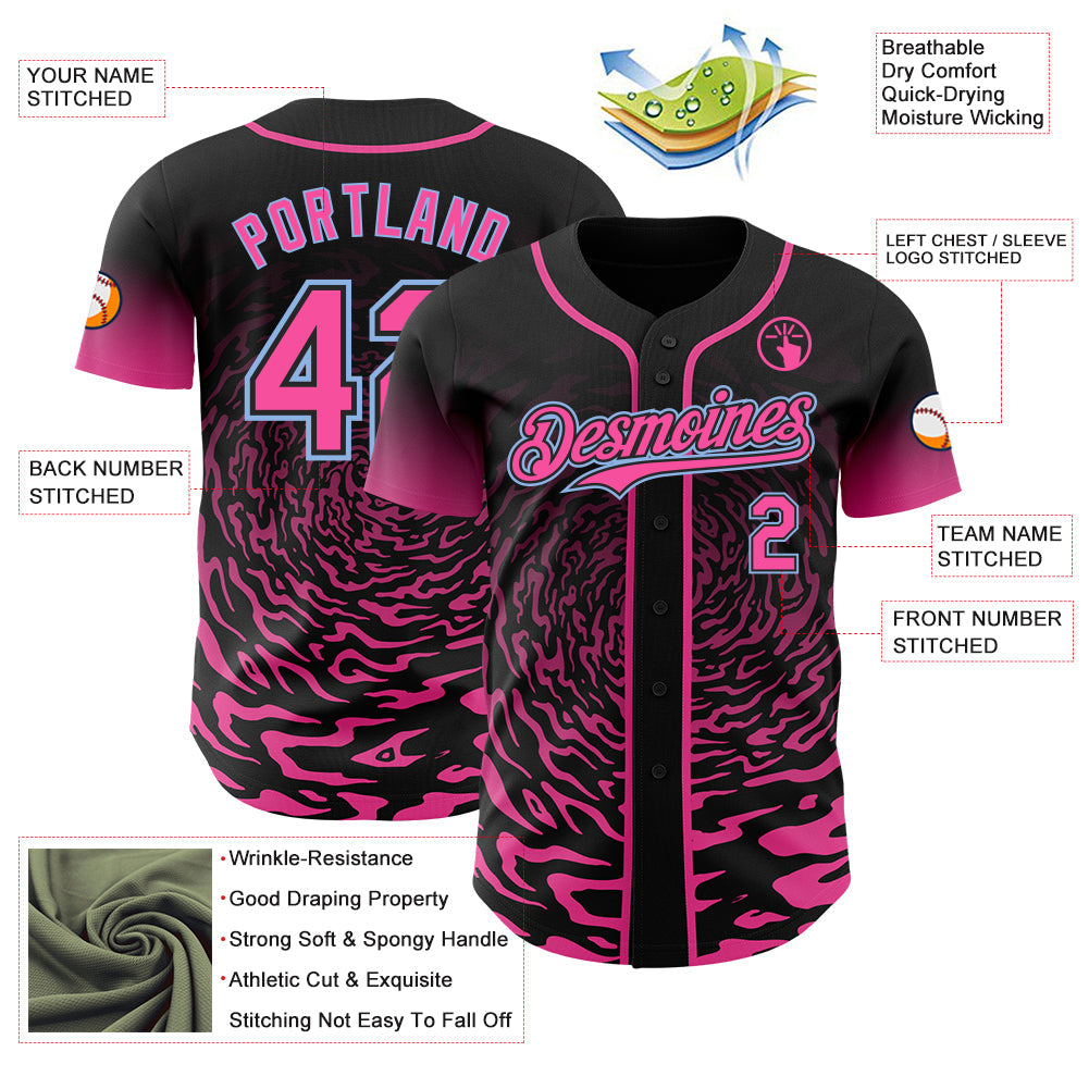 Custom Black Pink-Light Blue Fluid Wave Splatter Gradient Authentic Baseball Jersey view 3